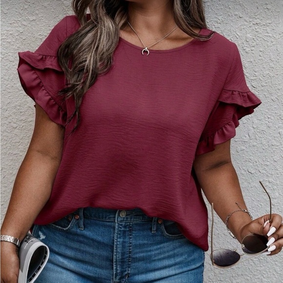 Plus Burgundy Solid Ruffle Petal Short Sleeve Top - Picture 1 of 15